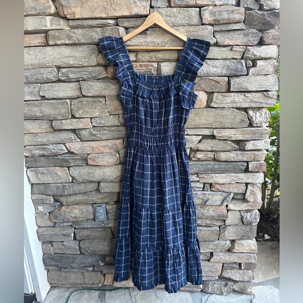 Anthropologie Magali Pascal Navy Linen Maxi Dress Blue Plaid Ruffle Sleeve mid